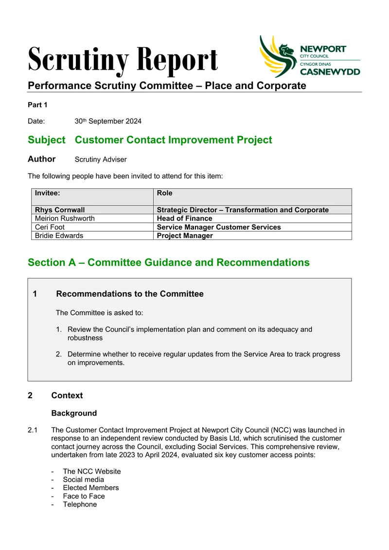 Customer Contact Improvement Project Scrutiny Report