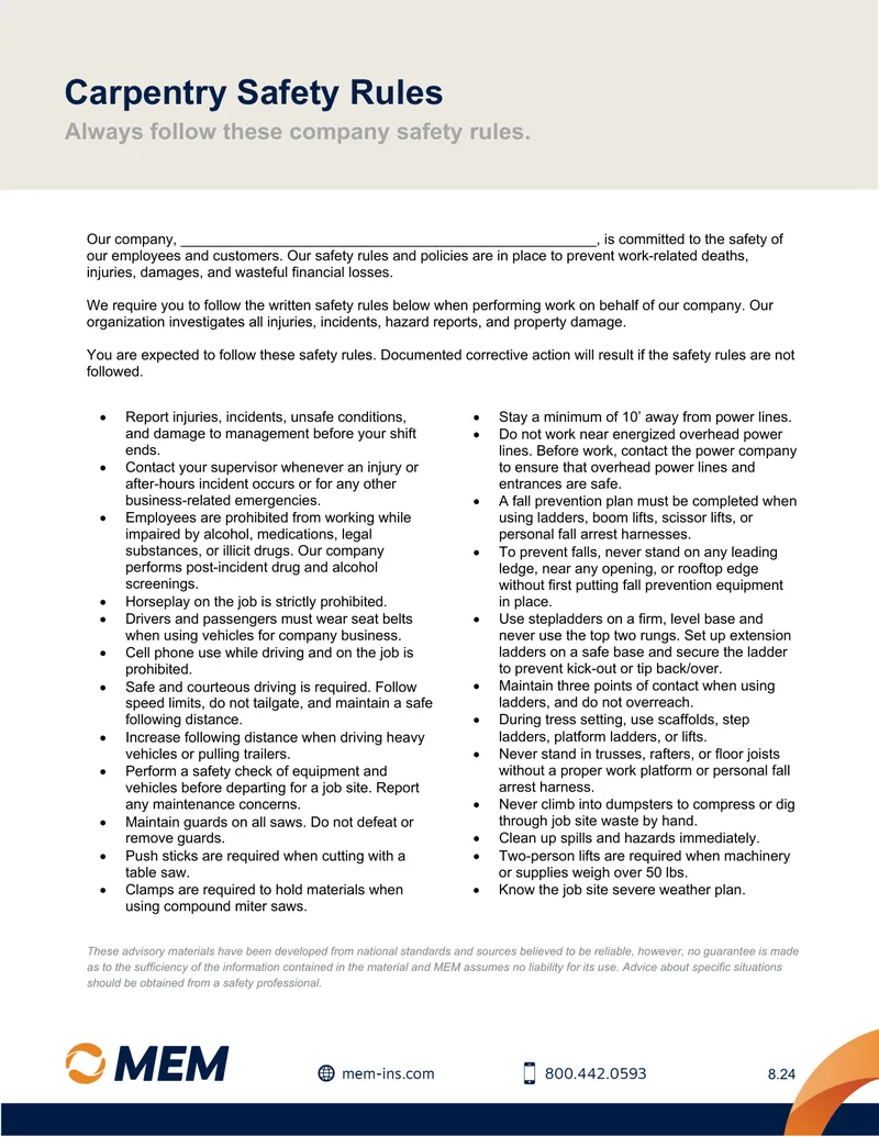 Carpentry Safety Rules Compliance Document