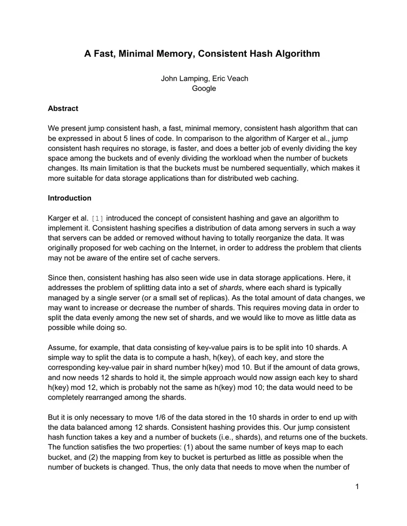 Jump Consistent Hash Algorithm Description