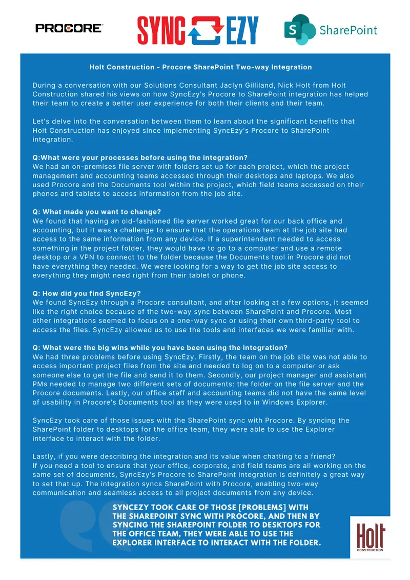 Procore SharePoint Two-way Integration Case Study