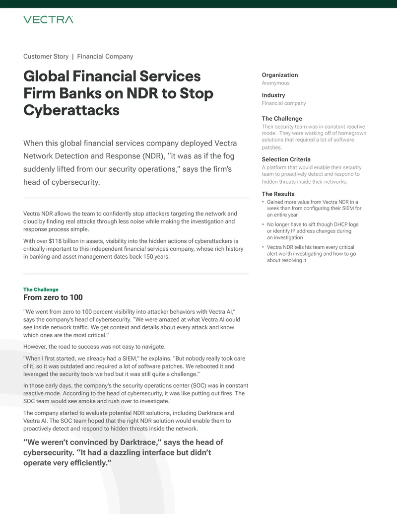 Global Financial Services Firm Implements Vectra NDR