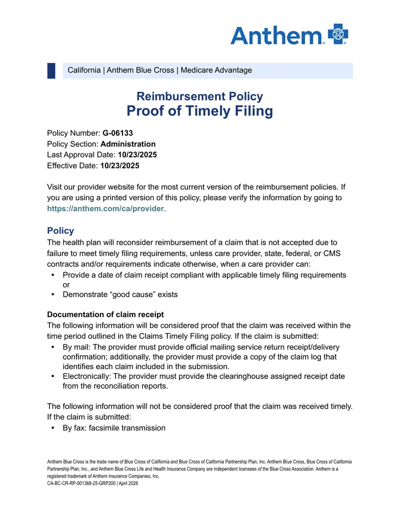 Anthem Blue Cross Reimbursement Policy for Timely Filing