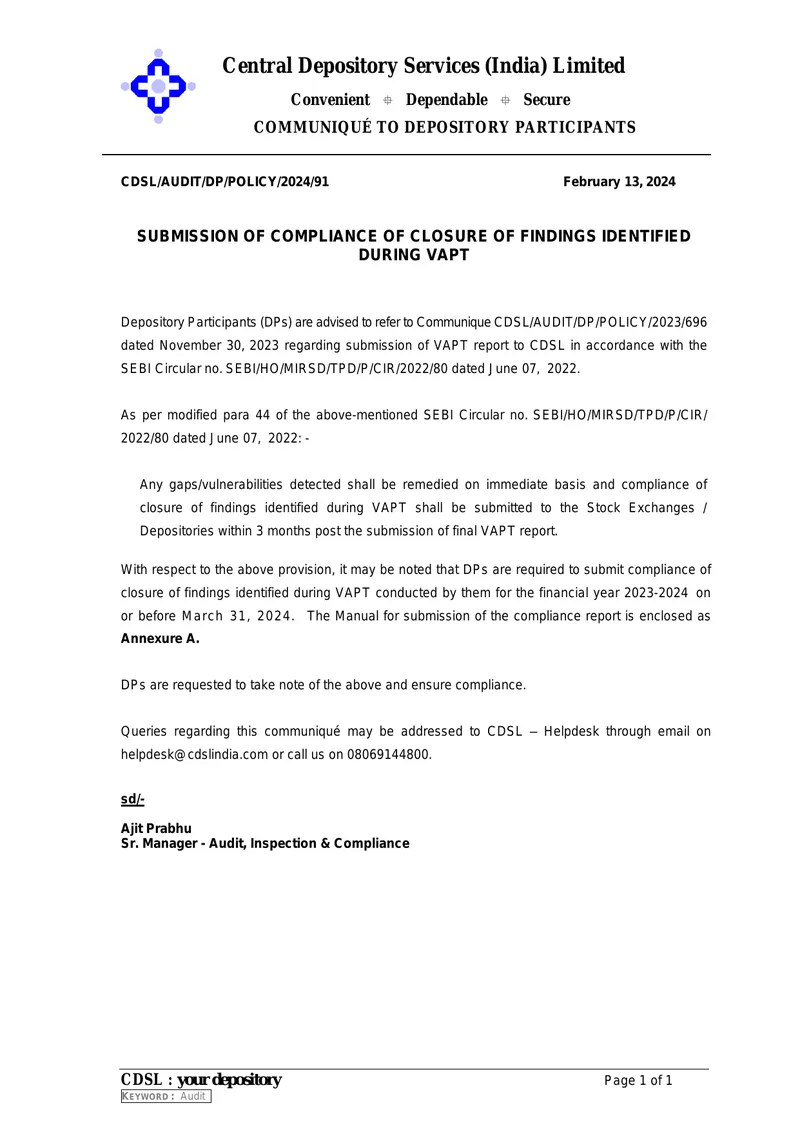 Submission of Compliance for VAPT Findings