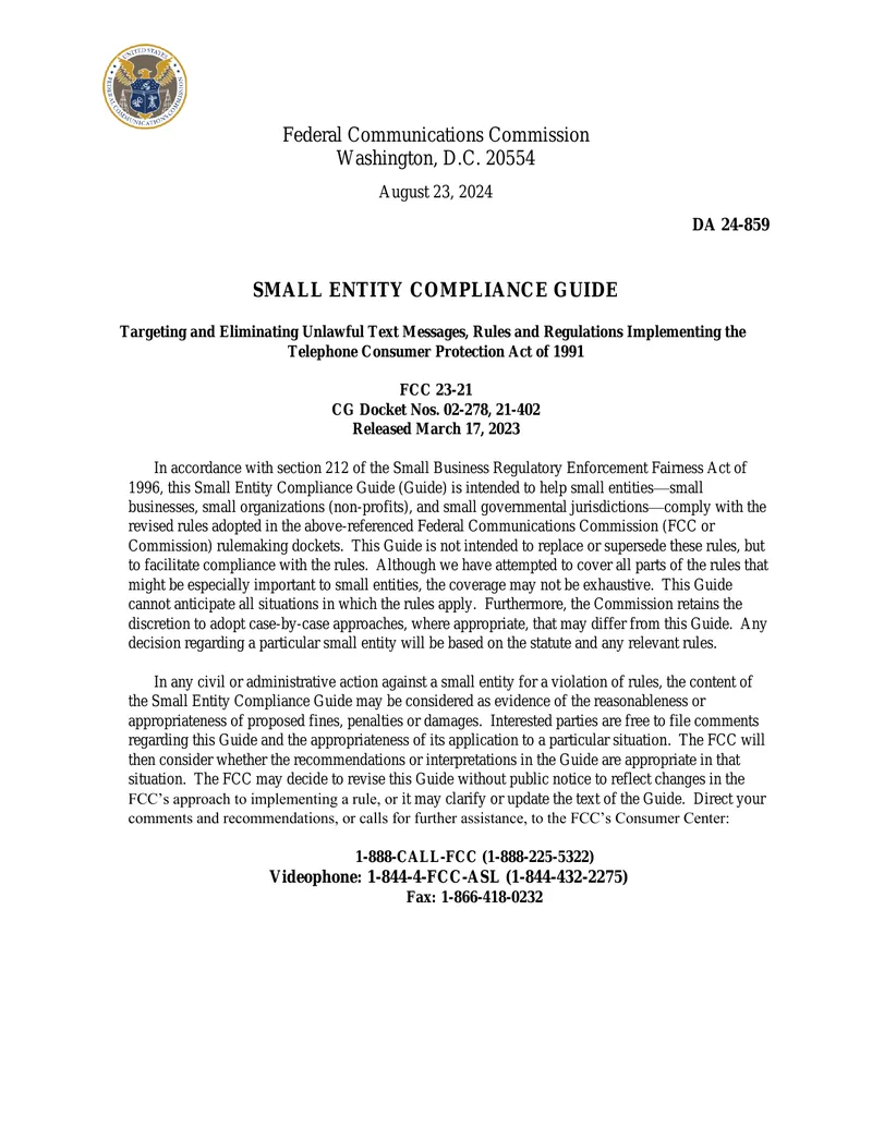 Small Entity Compliance Guide for Text Message Regulations