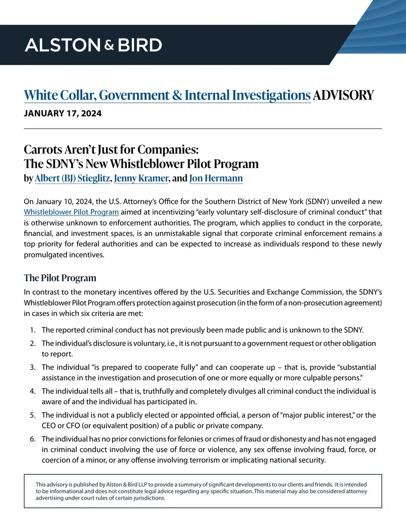SDNY Whistleblower Pilot Program Overview