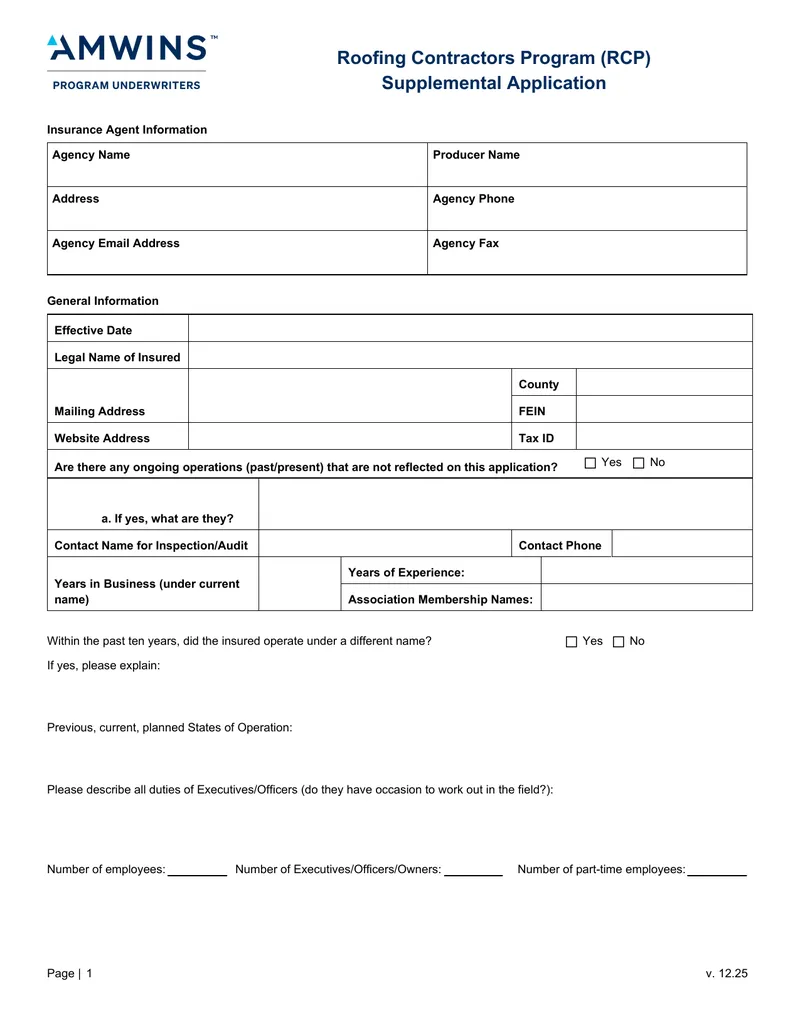 Roofing Contractors Program Supplemental Application