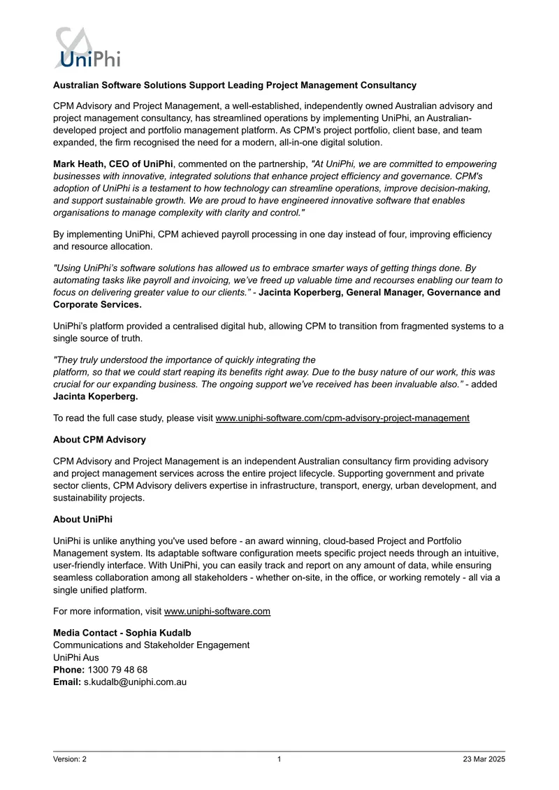 Implementation of UniPhi at CPM Advisory