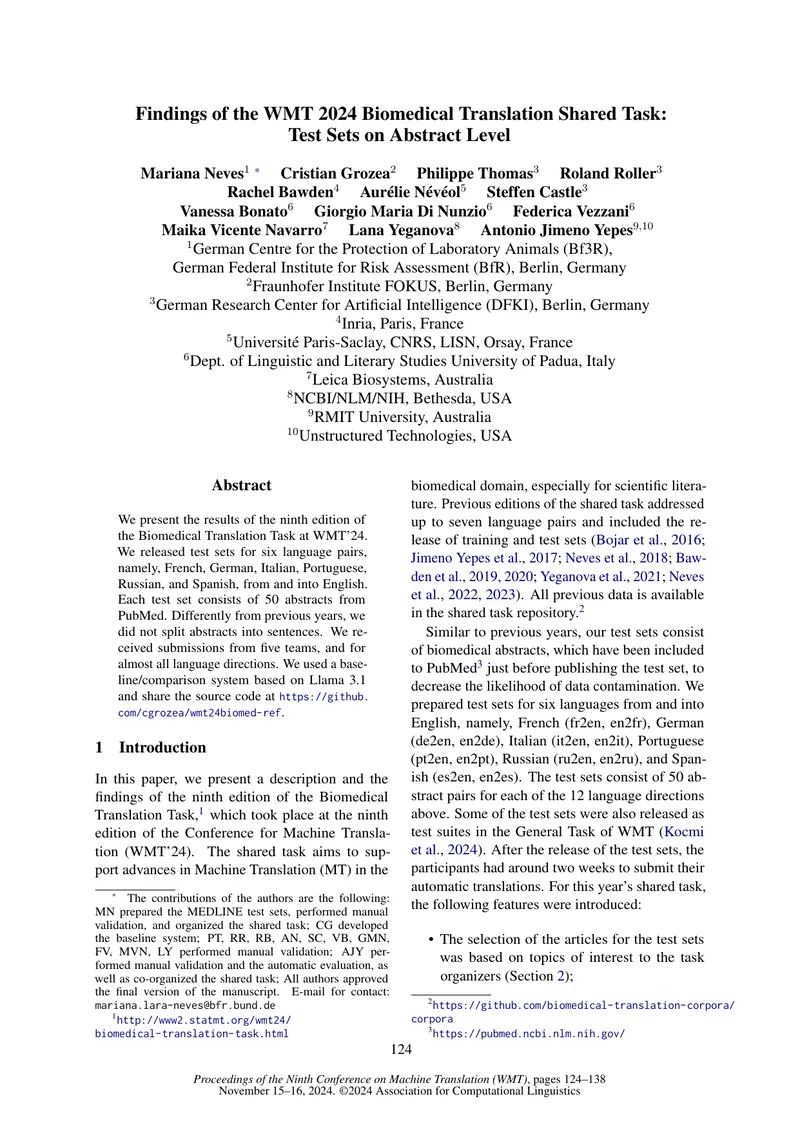 Findings of the WMT 2024 Biomedical Translation Task