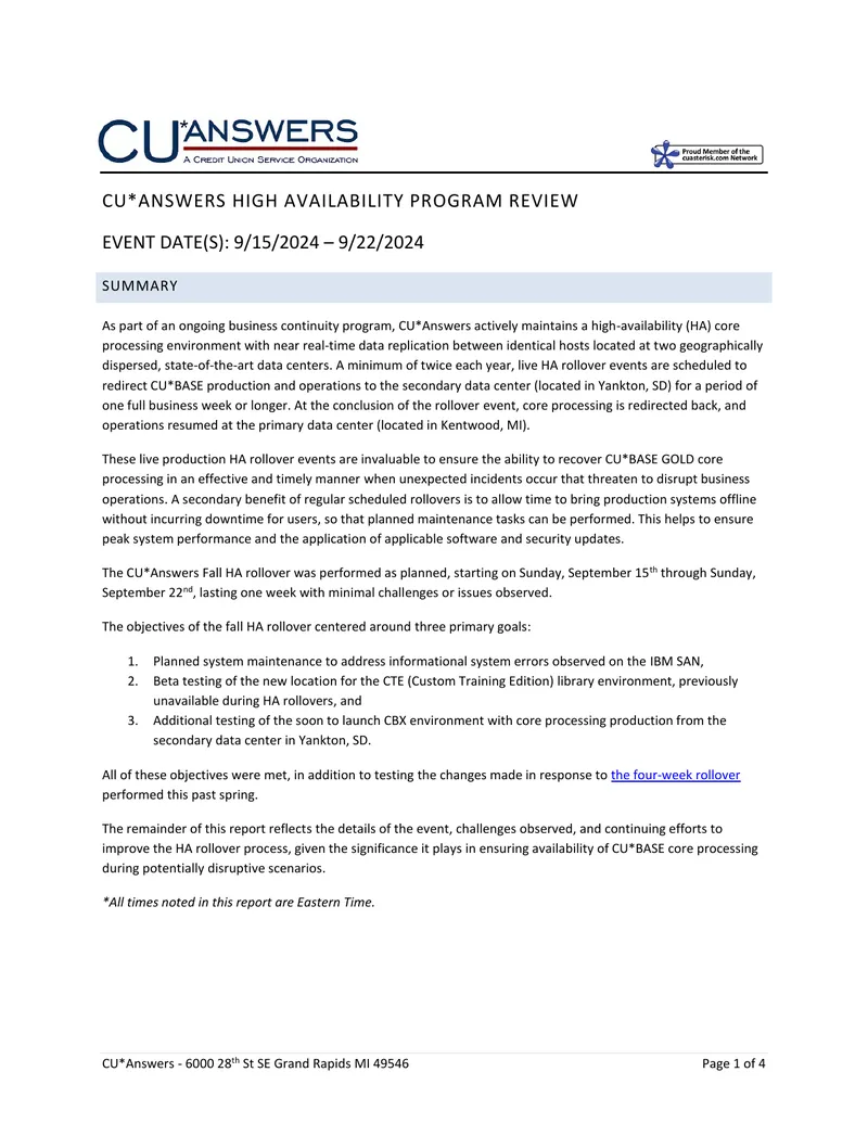 CU*Answers High Availability Program Review