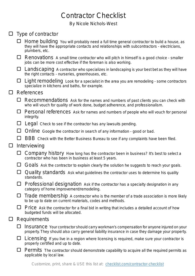 Contractor Selection and Checklist Guide