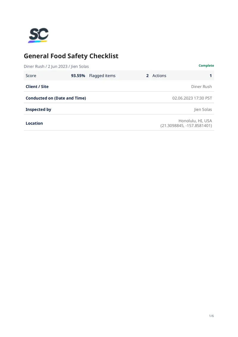 General Food Safety Checklist for Diner Rush