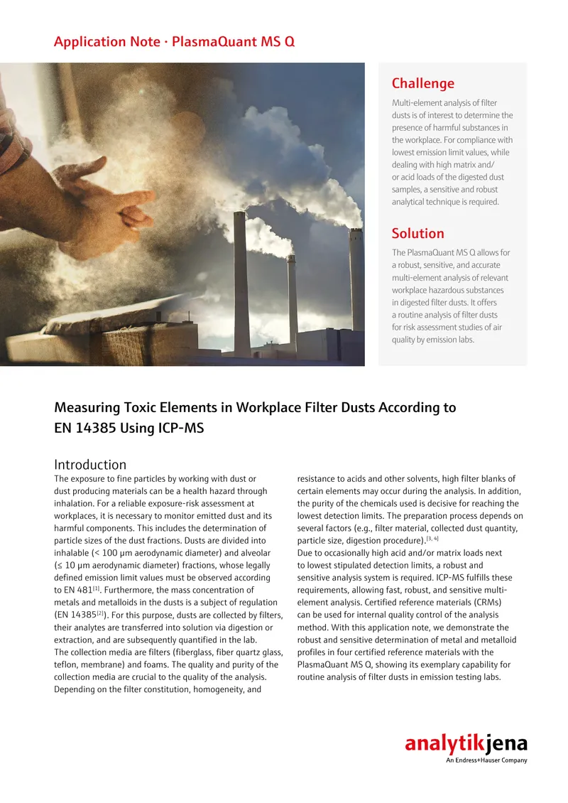Measuring Toxic Elements in Workplace Filter Dusts Using ICP-MS
