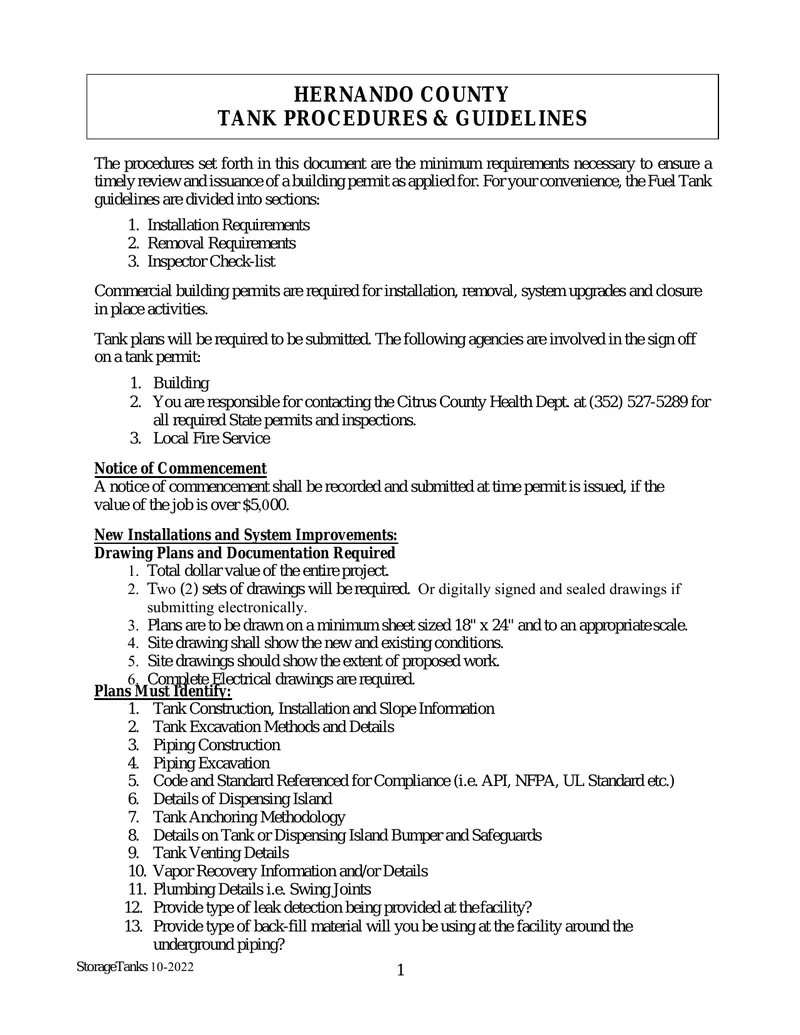 Hernando County Tank Procedures and Guidelines