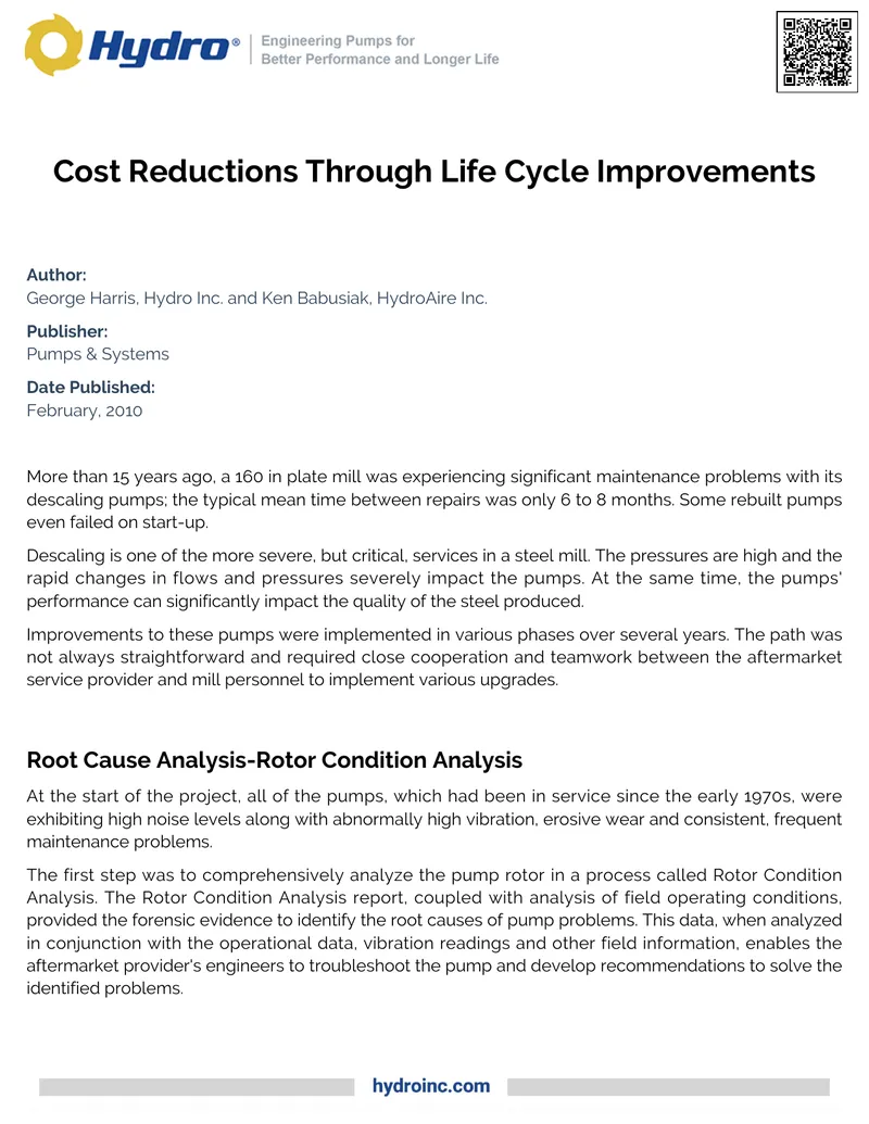 Cost Reductions Through Life Cycle Improvements