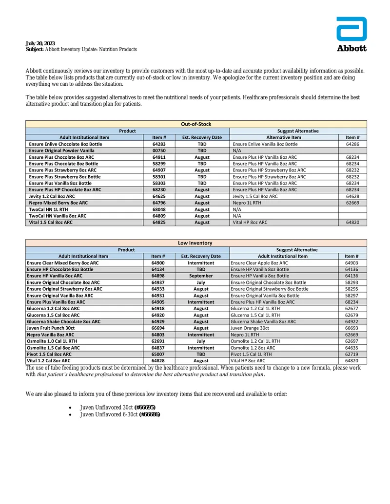 Abbott Nutrition Products Inventory Update
