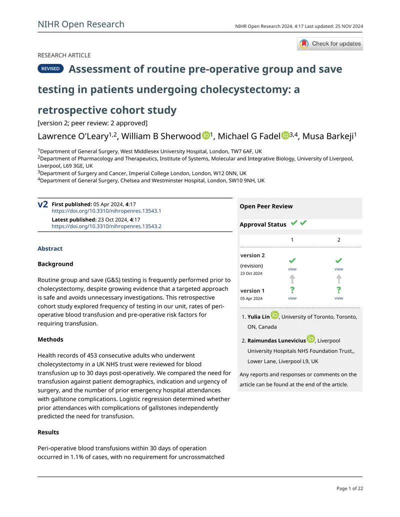 Assessment of Pre-operative Group and Save Testing in Cholecystectomy