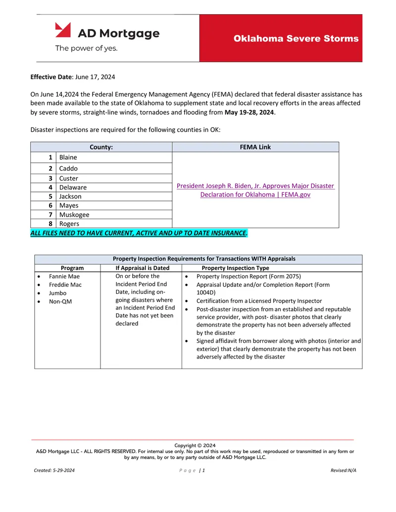Property Inspection Requirements Following Oklahoma Severe Storms