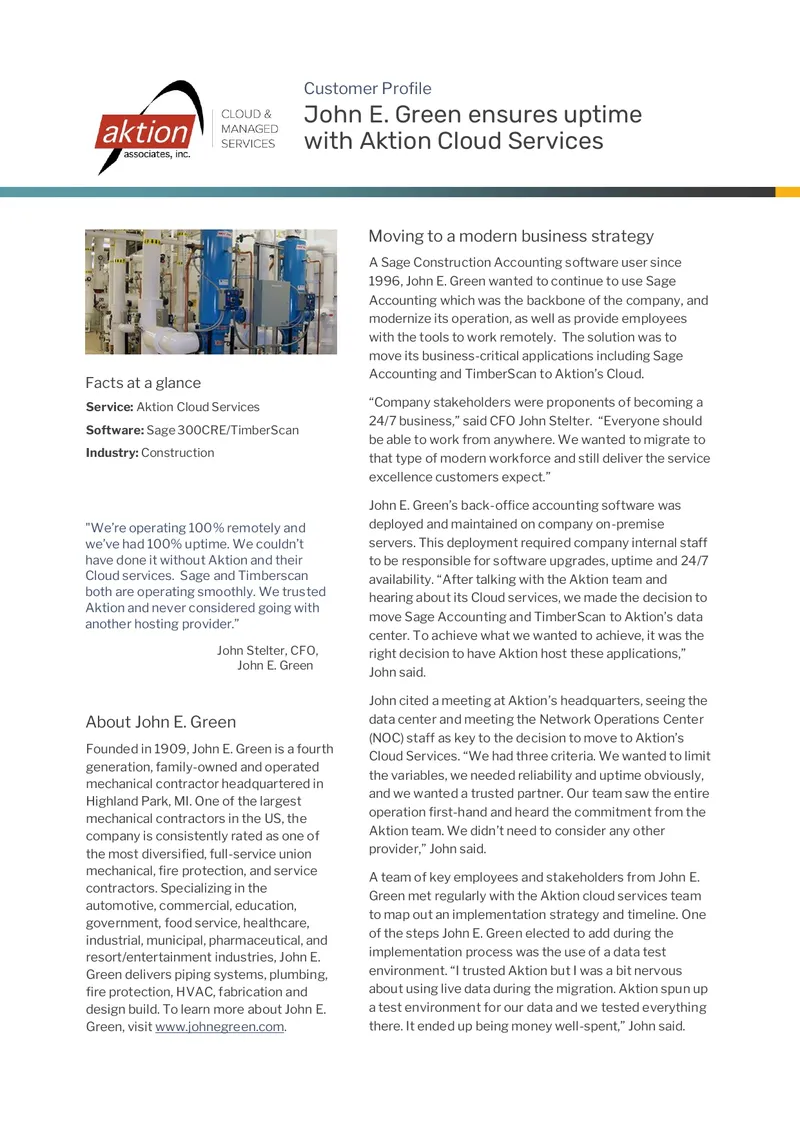 John E. Green Customer Profile with Aktion Cloud Services