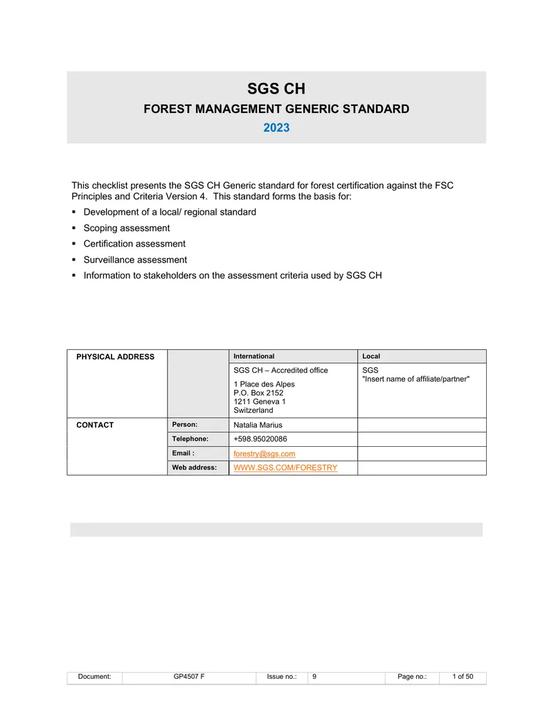 SGS CH Forest Management Generic Standard 2023