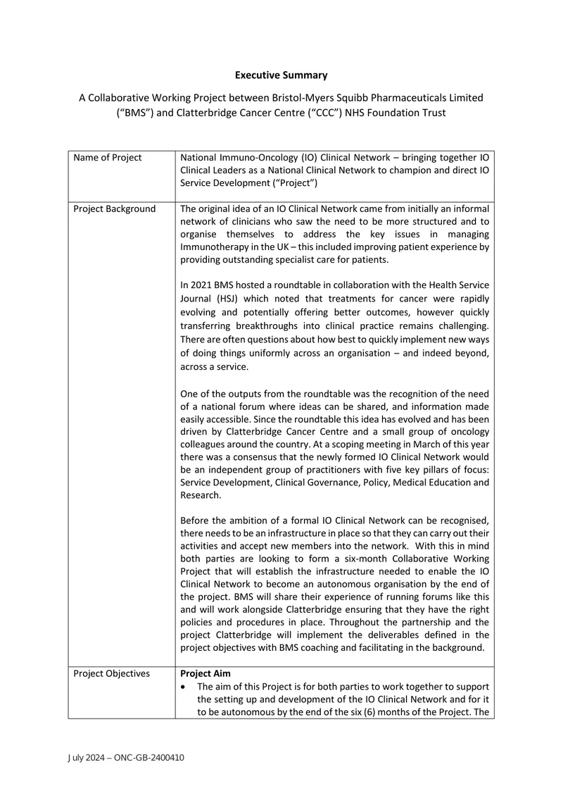 National Immuno-Oncology Clinical Network Project Overview