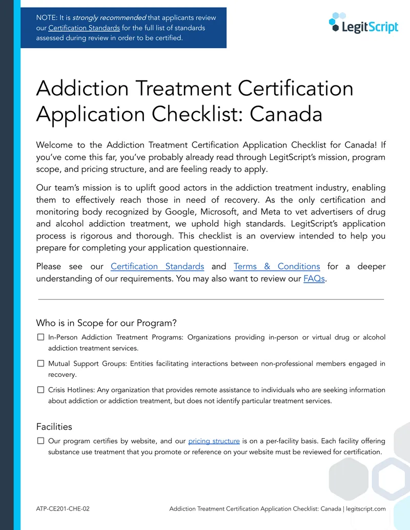Addiction Treatment Certification Application Checklist for Canada