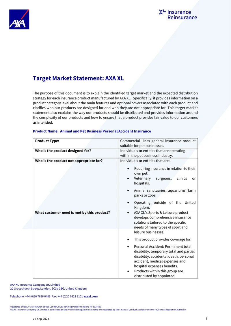 Target Market Statement for AXA XL Insurance Products