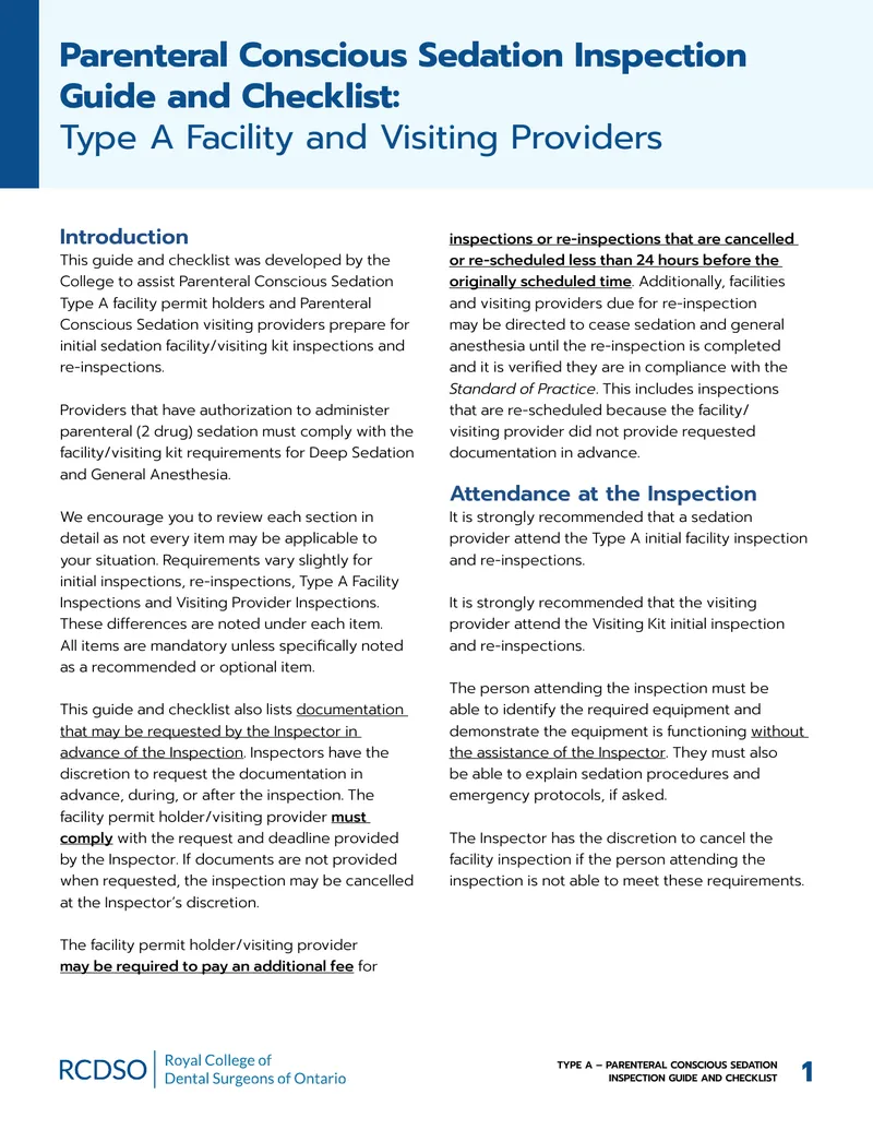 Parenteral Conscious Sedation Inspection Guide and Checklist