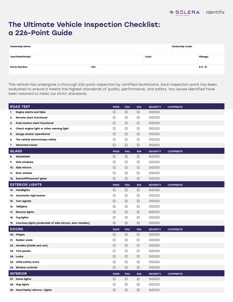Vehicle Inspection Checklist with 226 Points