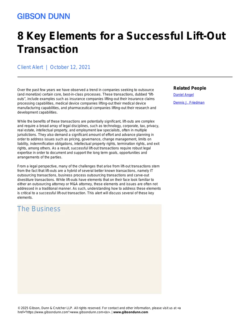 Key Elements of Successful Lift-Out Transactions