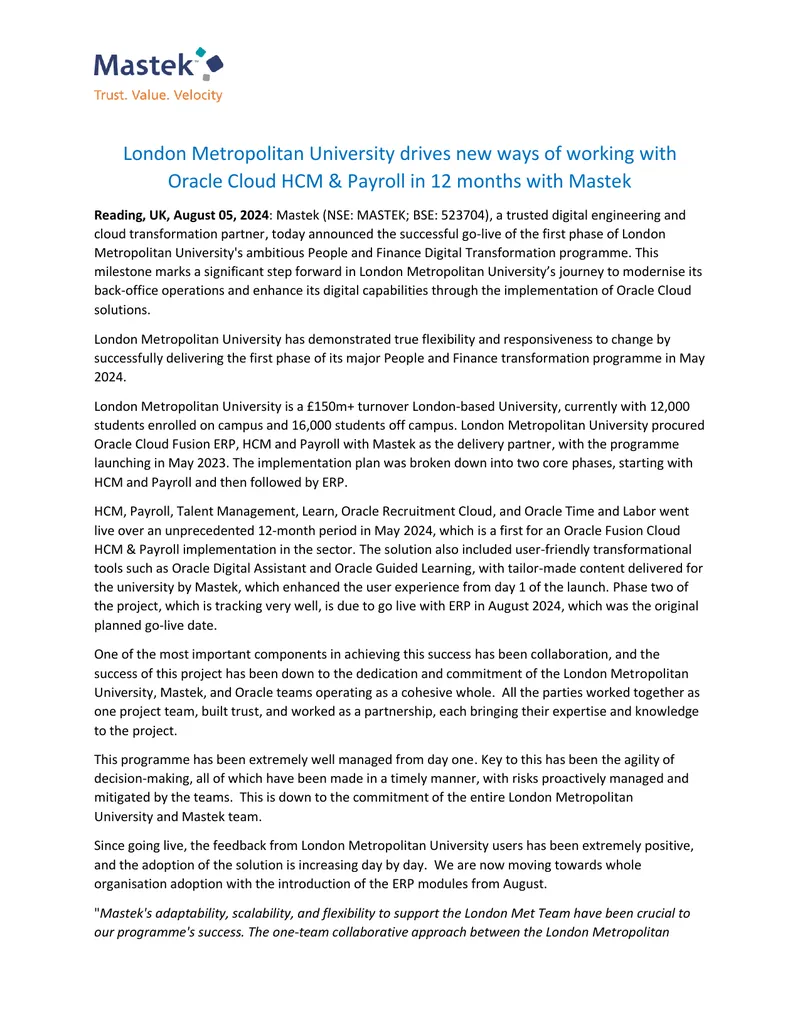 London Metropolitan University Oracle Cloud HCM Implementation