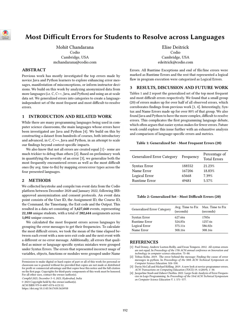 Analysis of Difficult Errors in Programming Languages