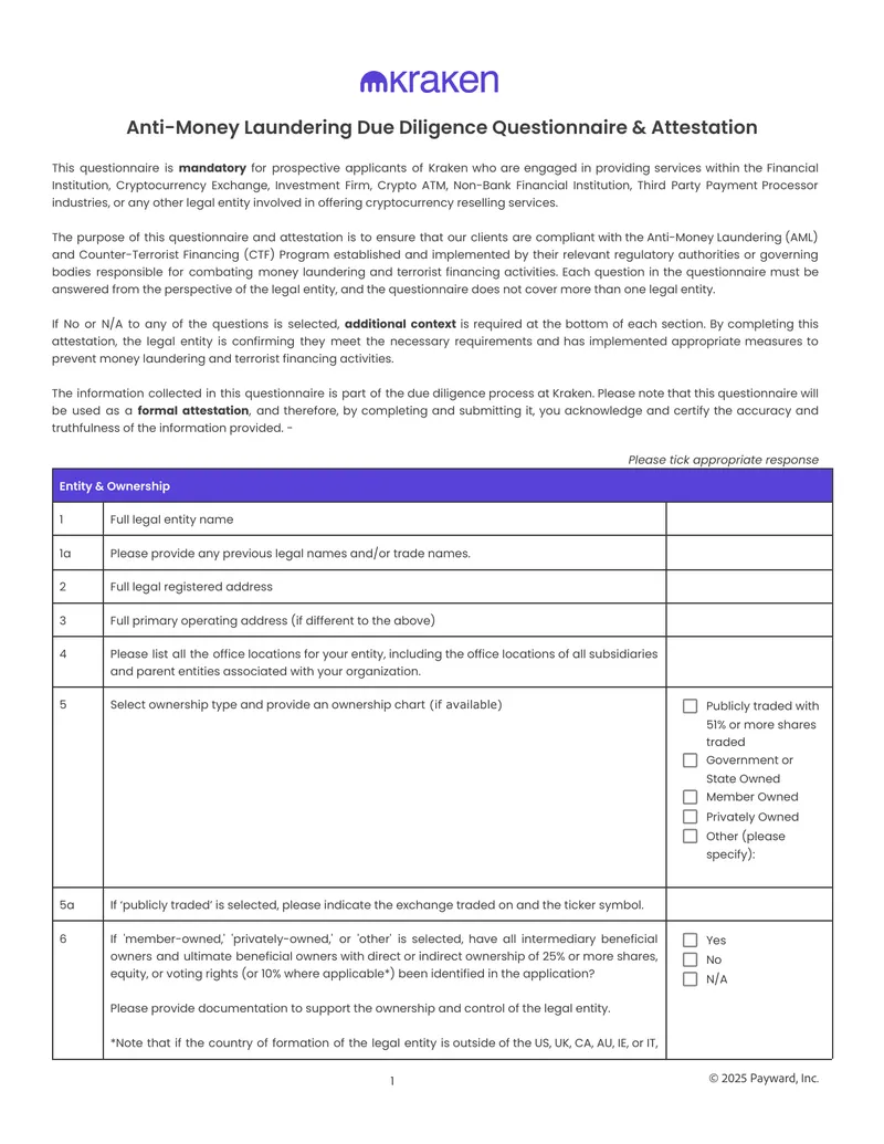 Anti-Money Laundering Due Diligence Questionnaire and Attestation