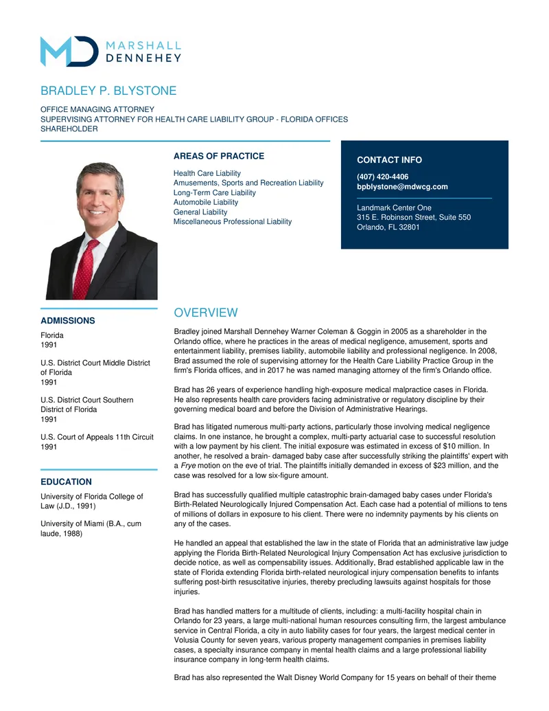 Bradley Blystone Professional Profile and Practice Areas