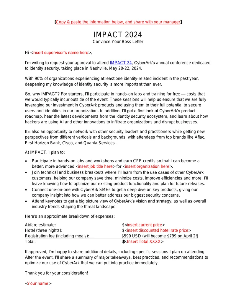 Request for Approval to Attend CyberArk Conference
