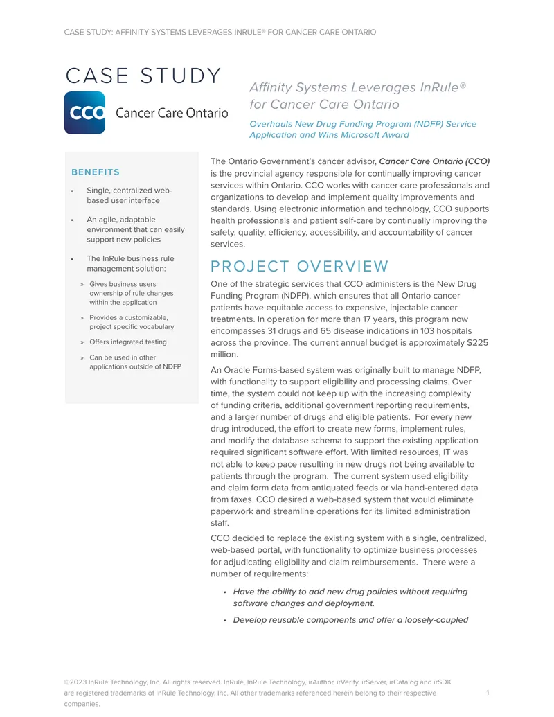 Affinity Systems Implements InRule for Cancer Care Ontario