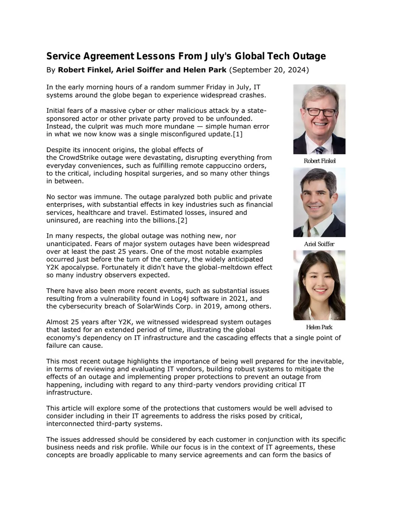 Service Agreement Considerations After Global Tech Outage