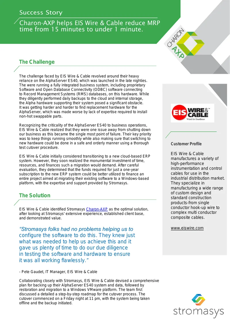 EIS Wire & Cable Migration Success with Charon-AXP