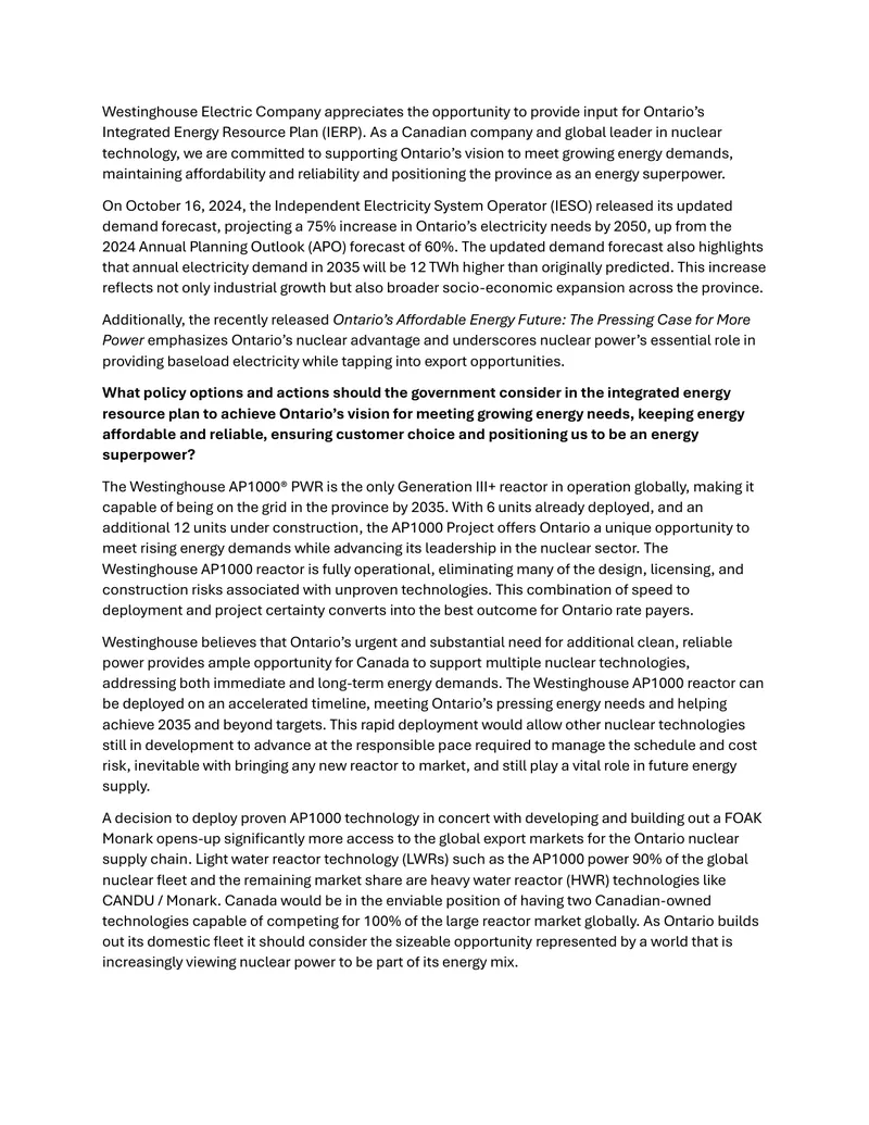 Westinghouse AP1000 Project Proposal for Ontario Energy Needs