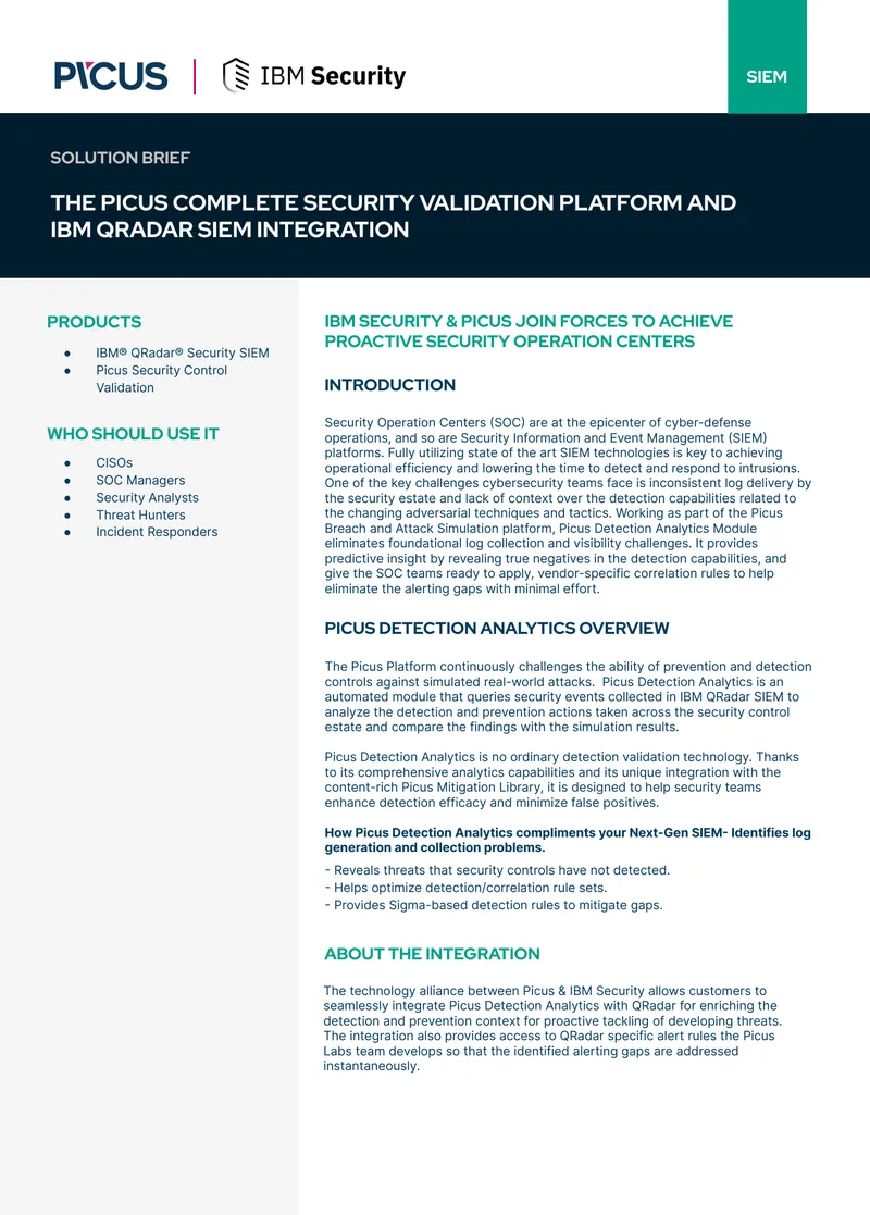 Picus Security Validation Platform and IBM QRadar Integration