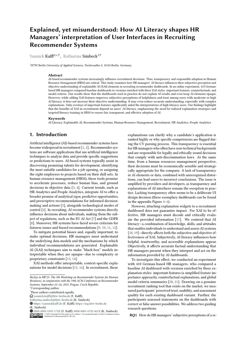 Impact of AI Literacy on HR Managers' Understanding of Recommender Systems