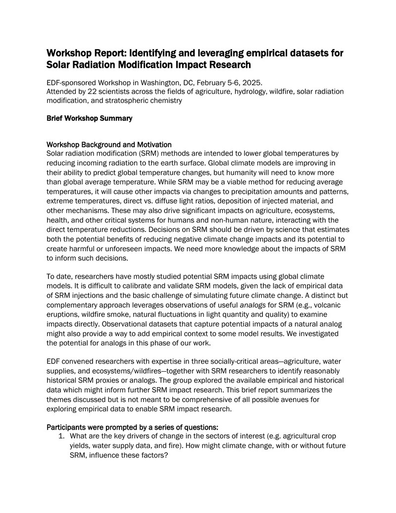 Workshop Report on Solar Radiation Modification Research