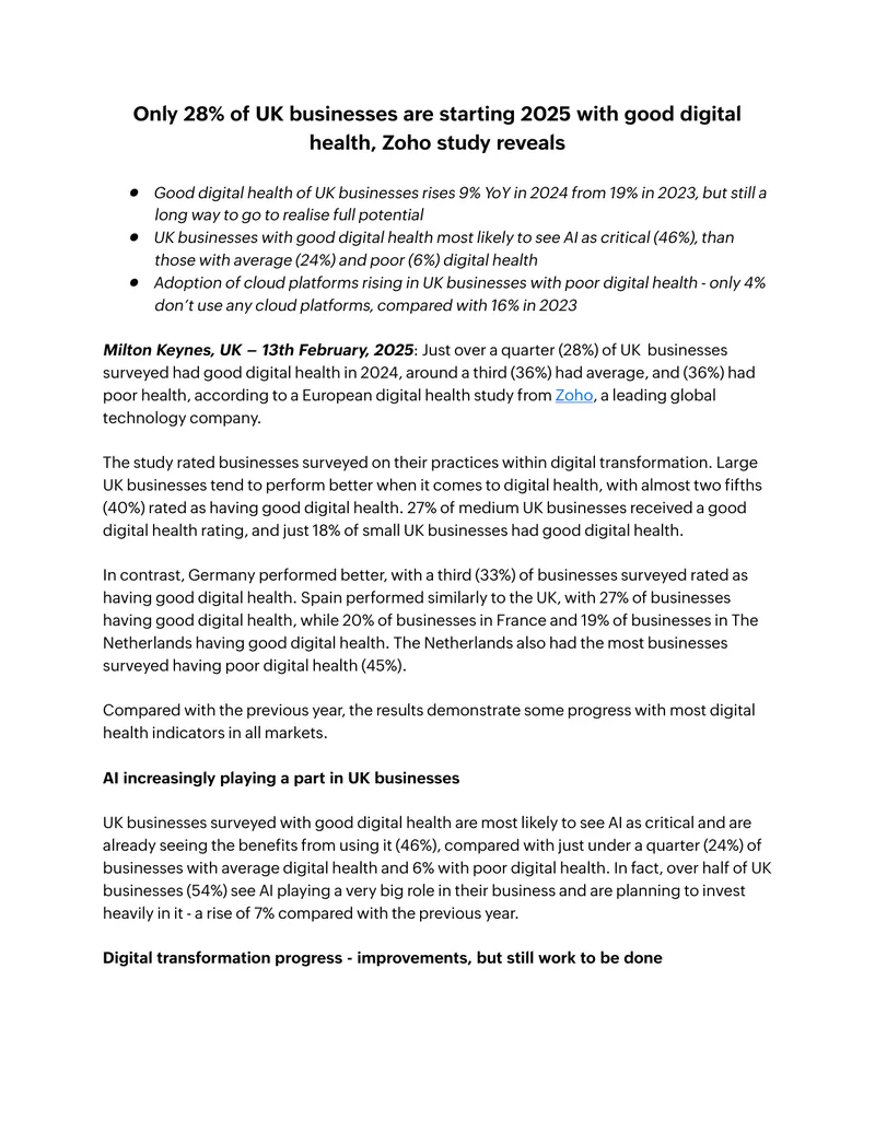 Digital Health Assessment of UK Businesses in 2024