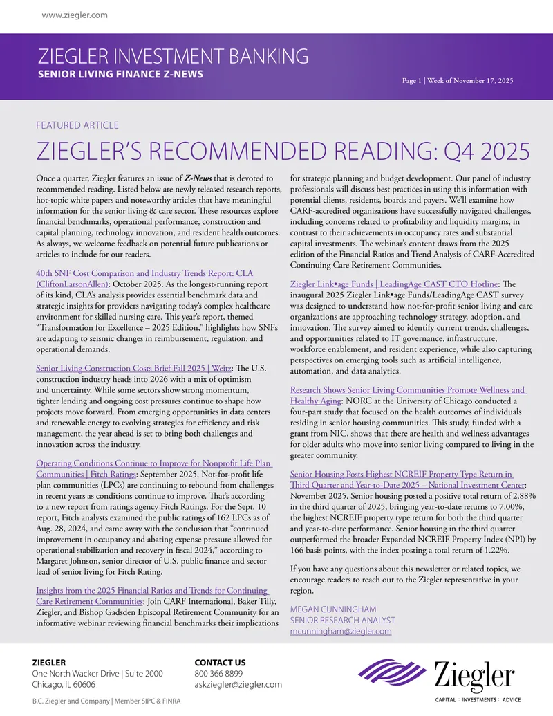 Ziegler Investment Banking Senior Living Finance Z-News