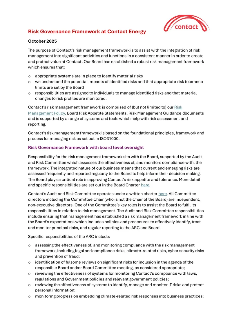 Risk Governance Framework at Contact Energy