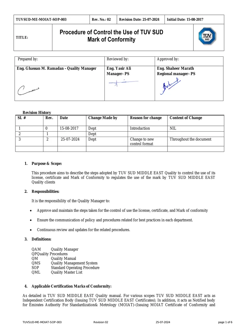Procedure for Controlling TUV SUD Mark of Conformity
