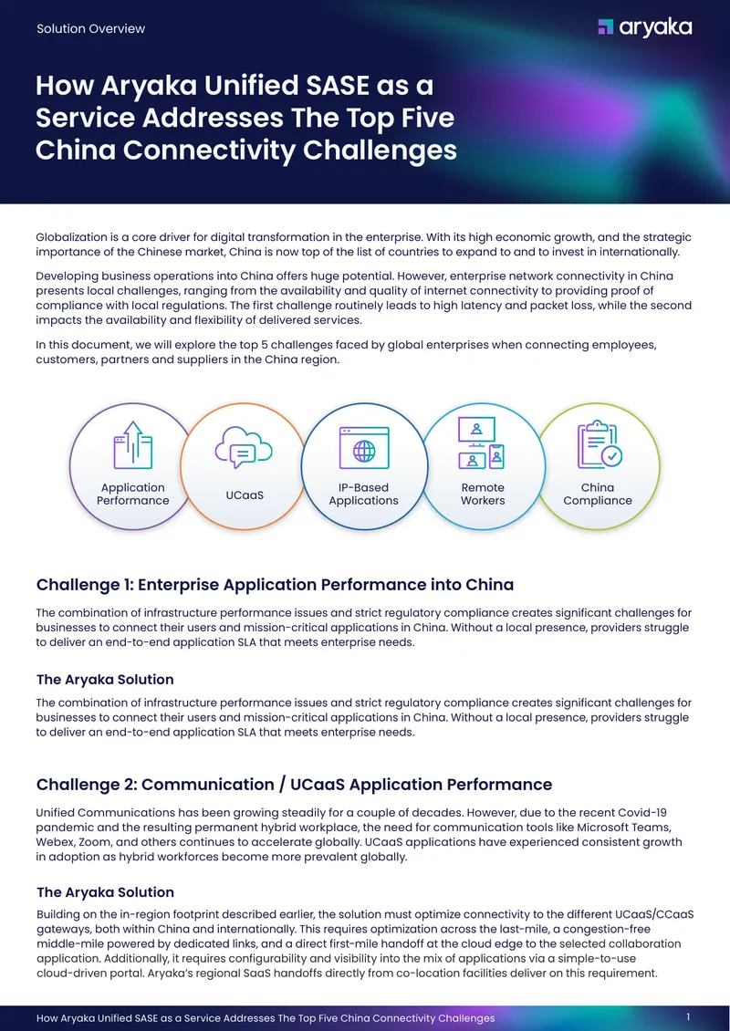 Aryaka Unified SASE Service for China Connectivity Challenges