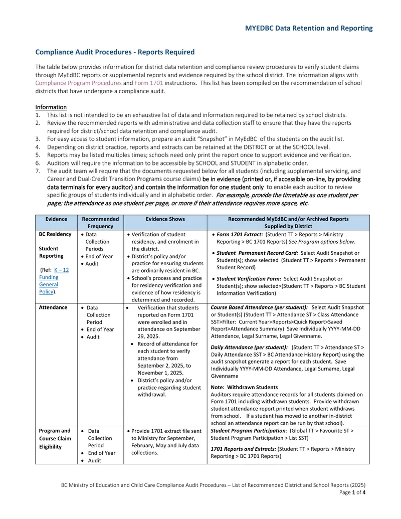MyEdBC Data Retention and Reporting Compliance Procedures preview page 1