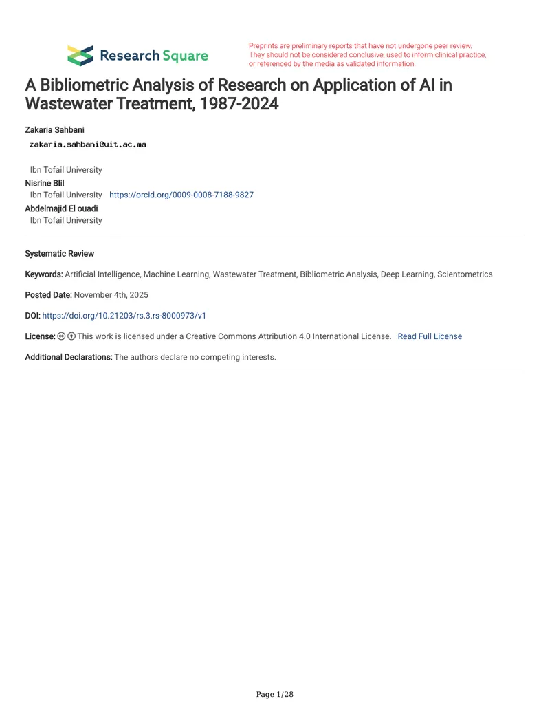 Bibliometric Analysis of AI Applications in Wastewater Treatment