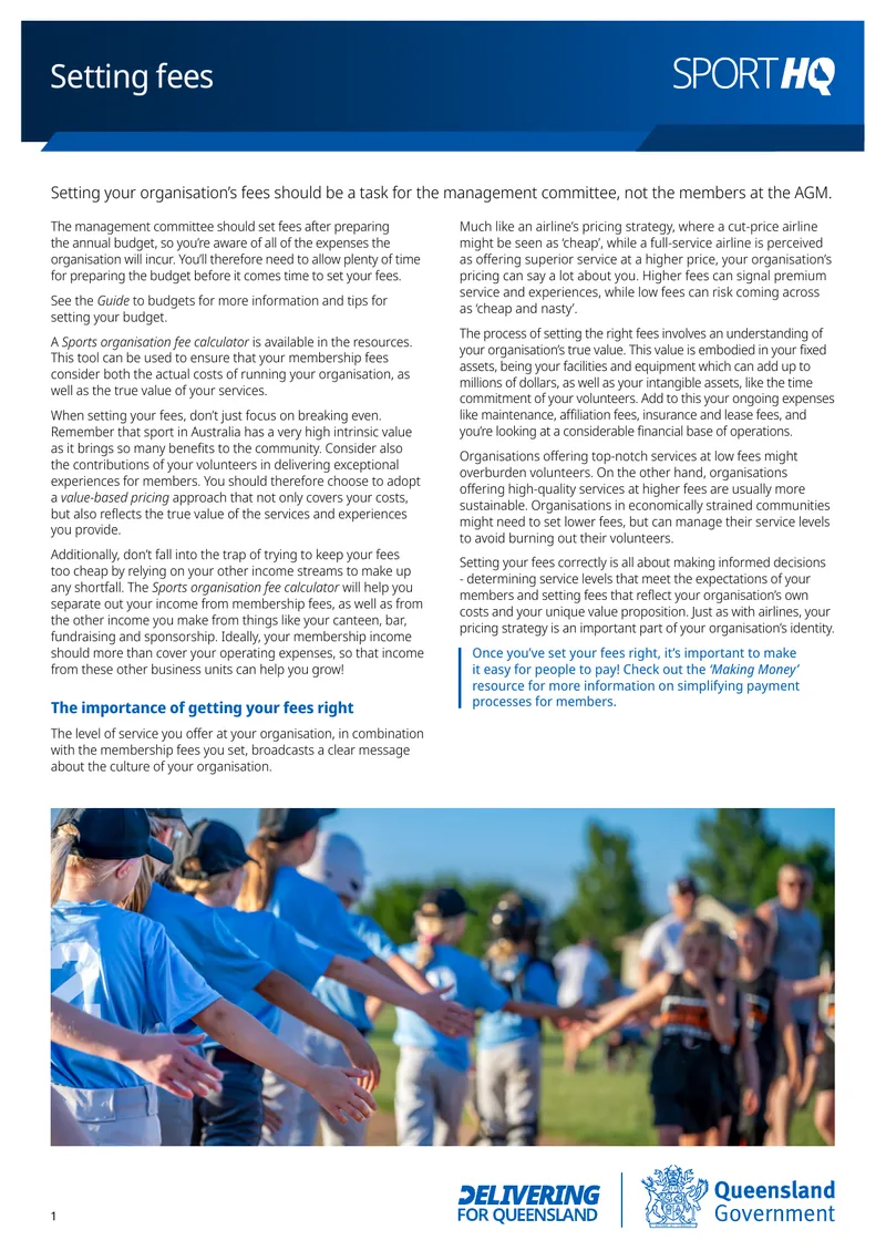 Sports Organisation Fee Setting Guide