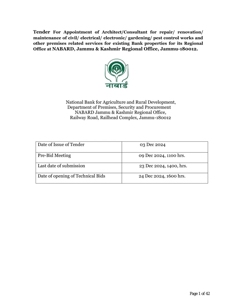 Tender for Appointment of Architect Consultant